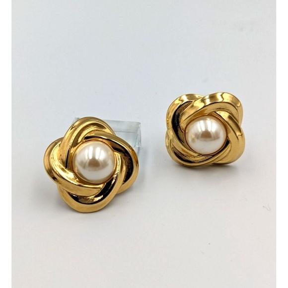 Vintage Givenchy Gold Tone Faux Pearl Statement Clip On Earrings 80's Marked - Picture 5 of 15
